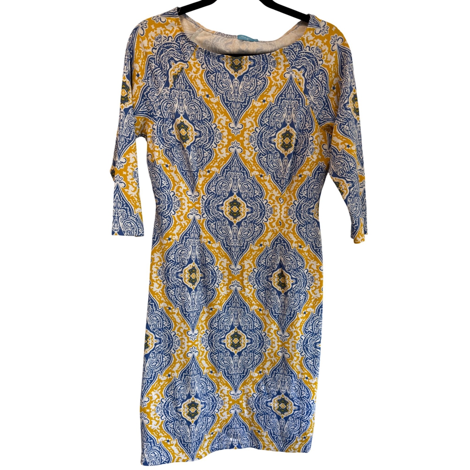 J.Mclaughlin Xs Boatneck Sheath Dress Blue Yellow 3/4 Sleeve Wedding Guest